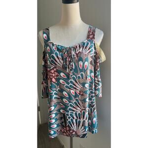 Diana Belle Cold Shoulder Short Sleeve Blue Orange Floral Blouse Top Shirt XL